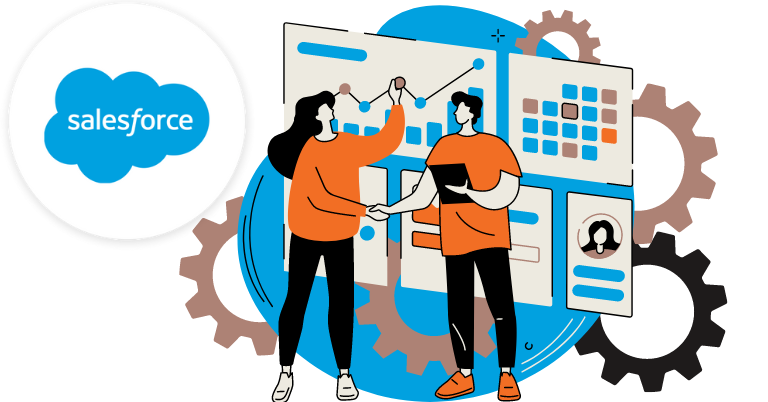 Salesforce logo with illustration of two people shaking hands in front of charts and graphs