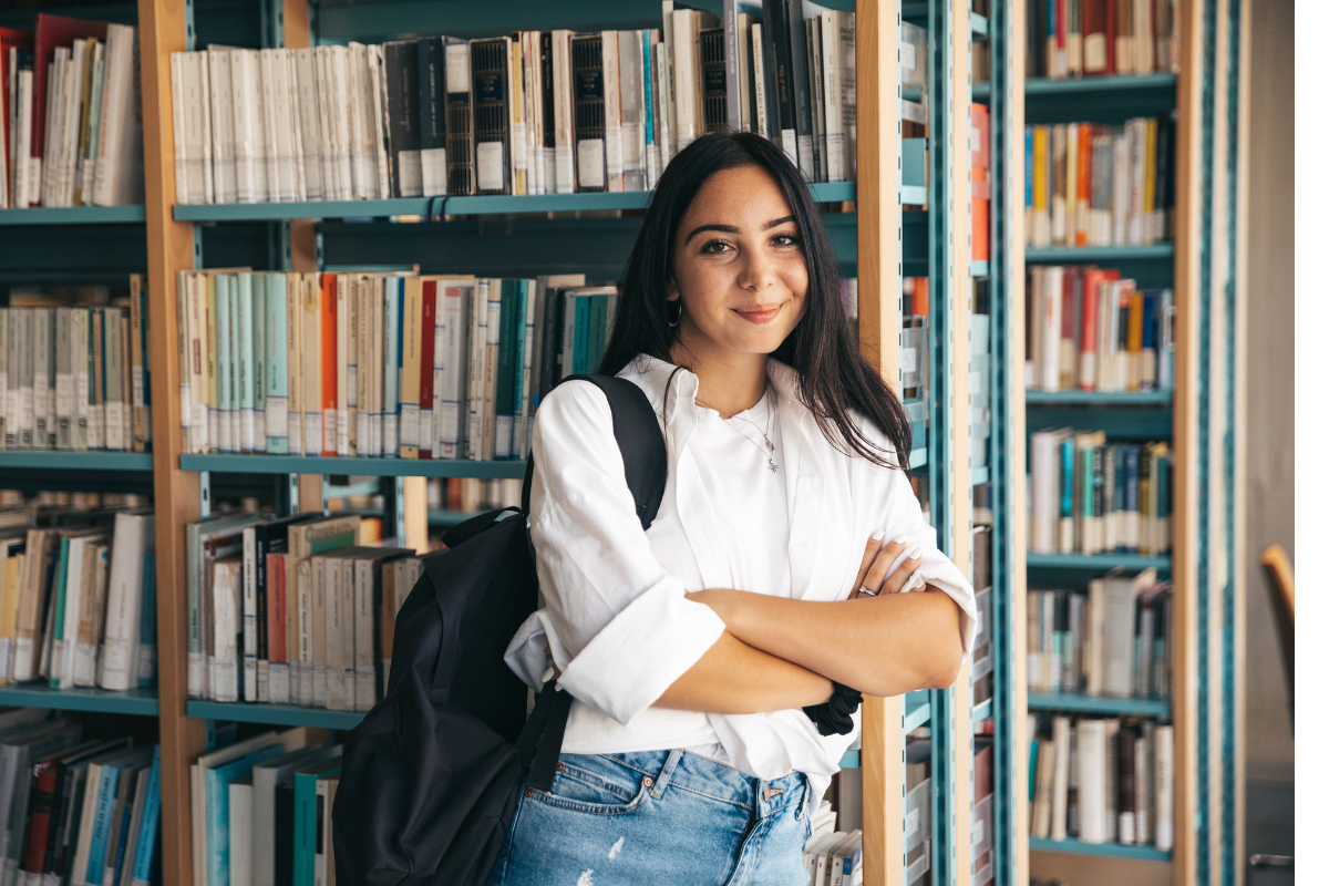 college girl in library